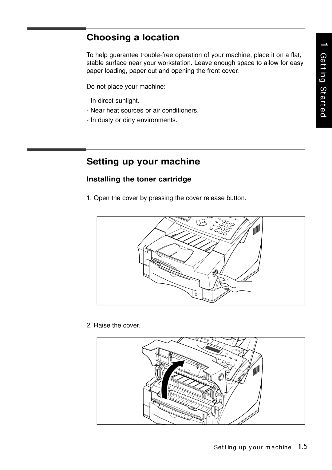 Samsung Msys 6750 manual Choosing a location, Setting up your machine, Installing the toner cartridge 