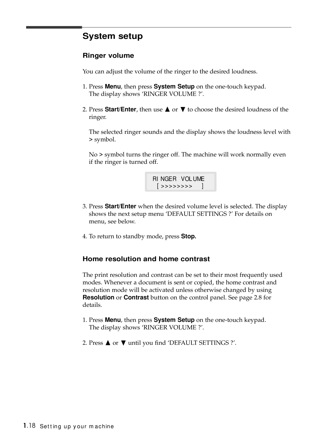 Samsung Msys 6750 manual System setup, Ringer volume, Home resolution and home contrast 