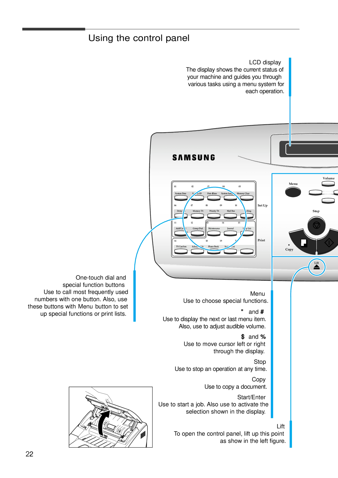 Samsung Msys 6750 manual Using the control panel, Menu 