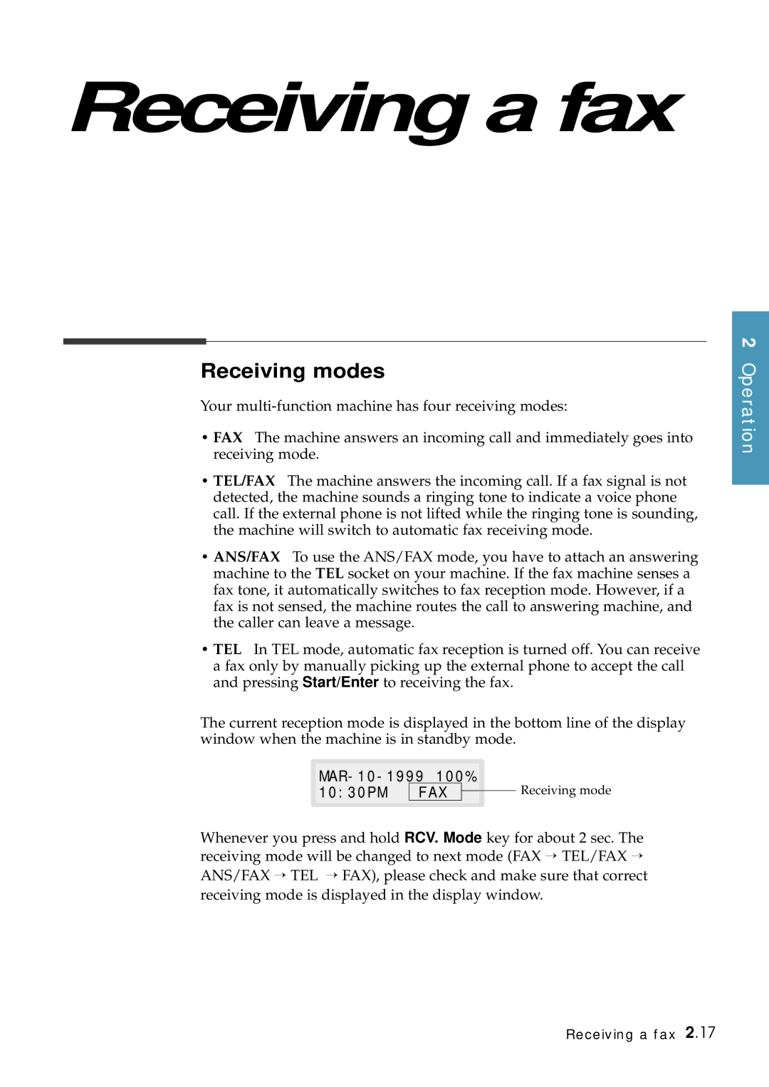 Samsung Msys 6750 manual Receiving modes, Fax 