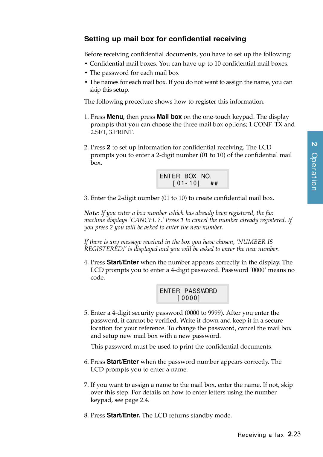 Samsung Msys 6750 manual Setting up mail box for confidential receiving, Enter Password 