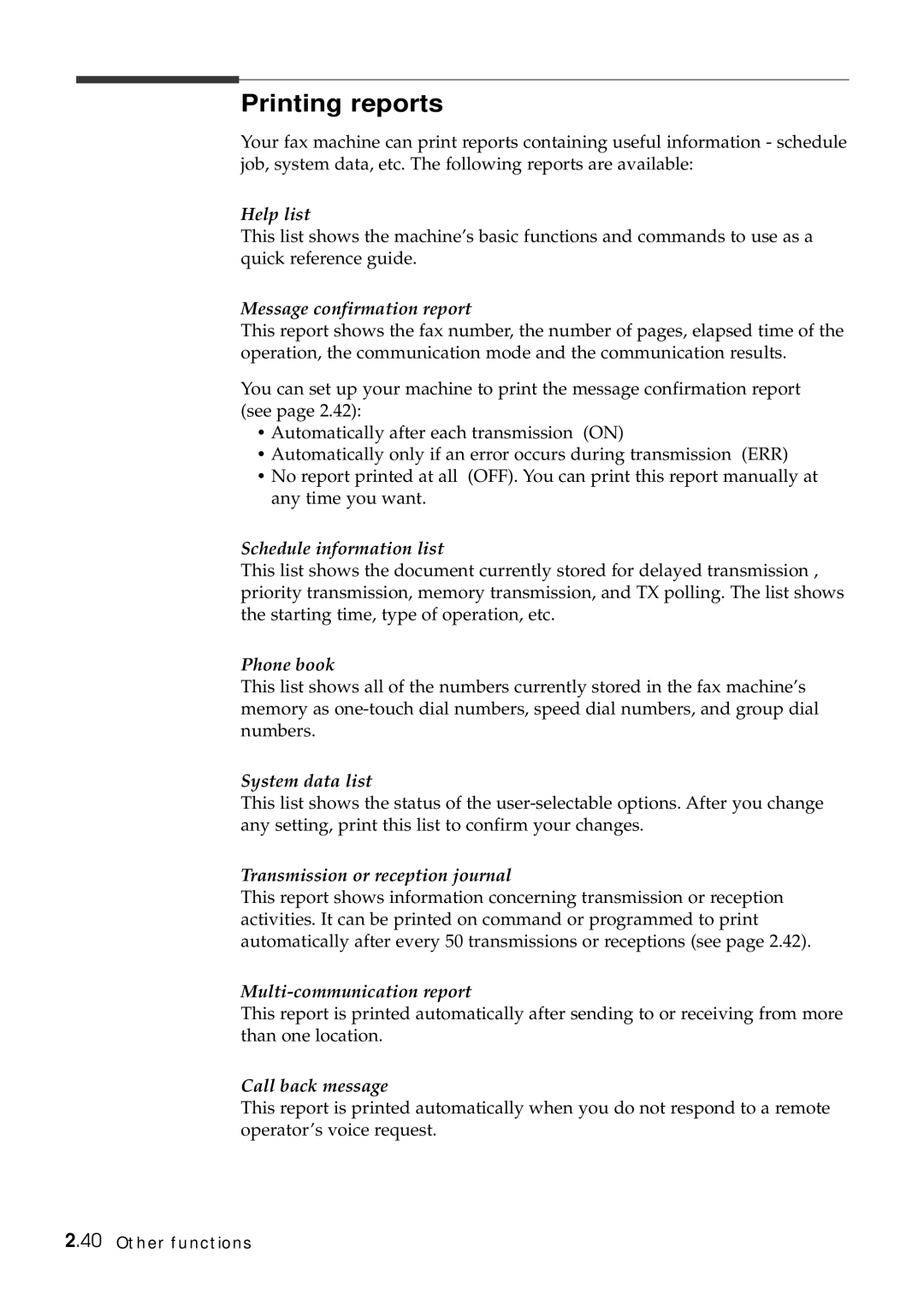 Samsung Msys 6750 manual Printing reports, Help list 