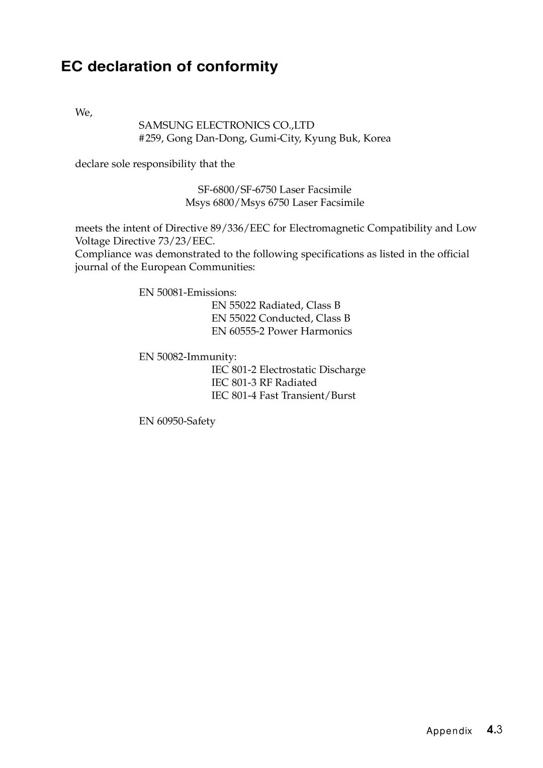 Samsung Msys 6750 manual EC declaration of conformity 