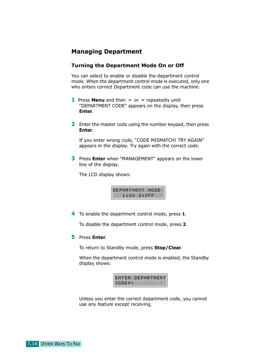 Samsung Msys 835P, Msys 830, Msys SF-830 manual Managing Department, Turning the Department Mode On or Off 