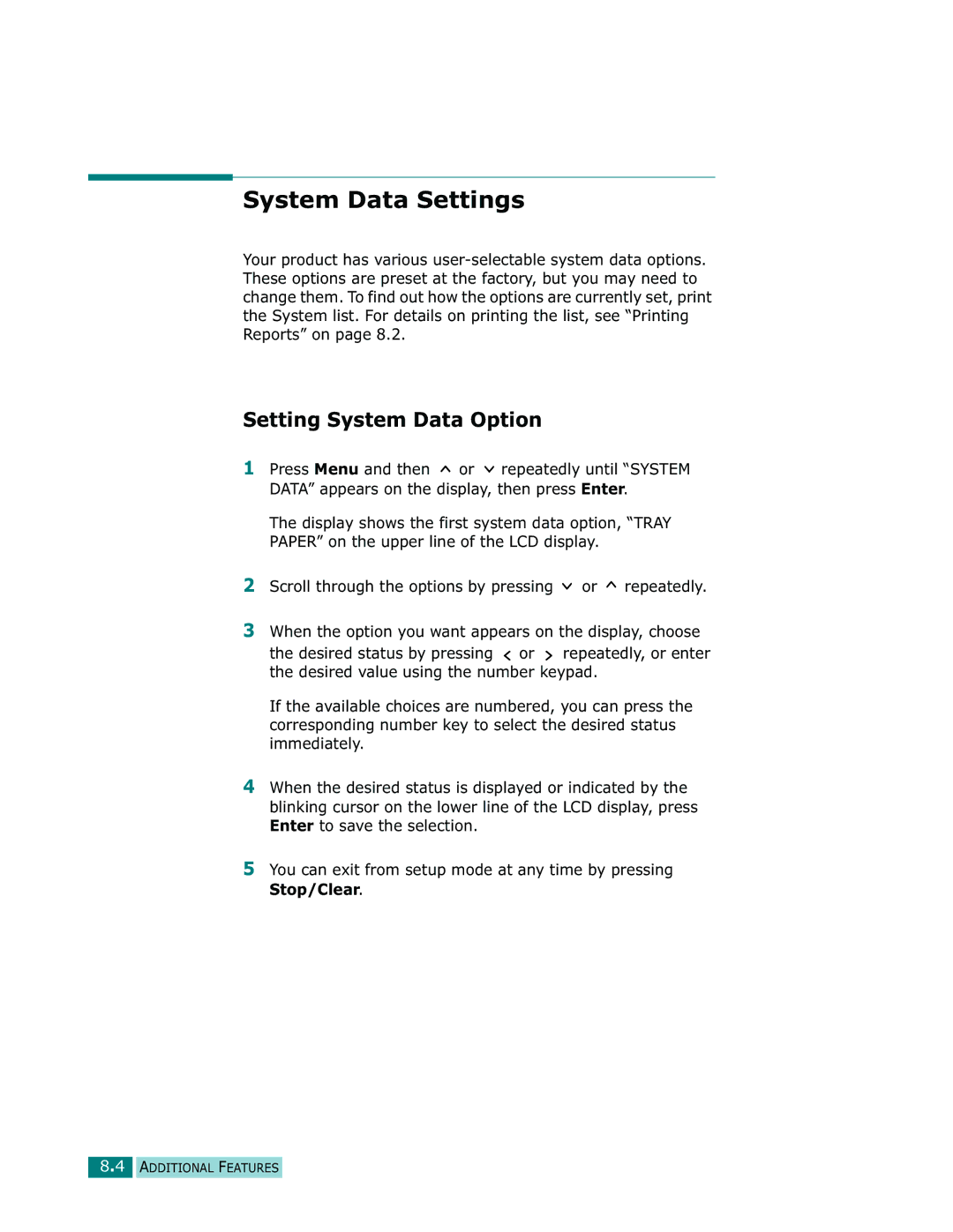 Samsung Msys 835P, Msys 830, Msys SF-830 manual System Data Settings, Setting System Data Option 