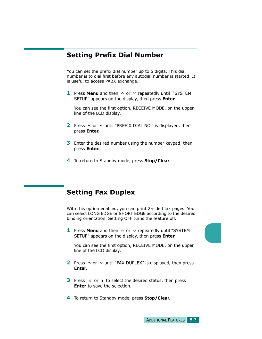 Samsung Msys 835P, Msys 830, Msys SF-830 manual Setting Prefix Dial Number, Setting Fax Duplex 