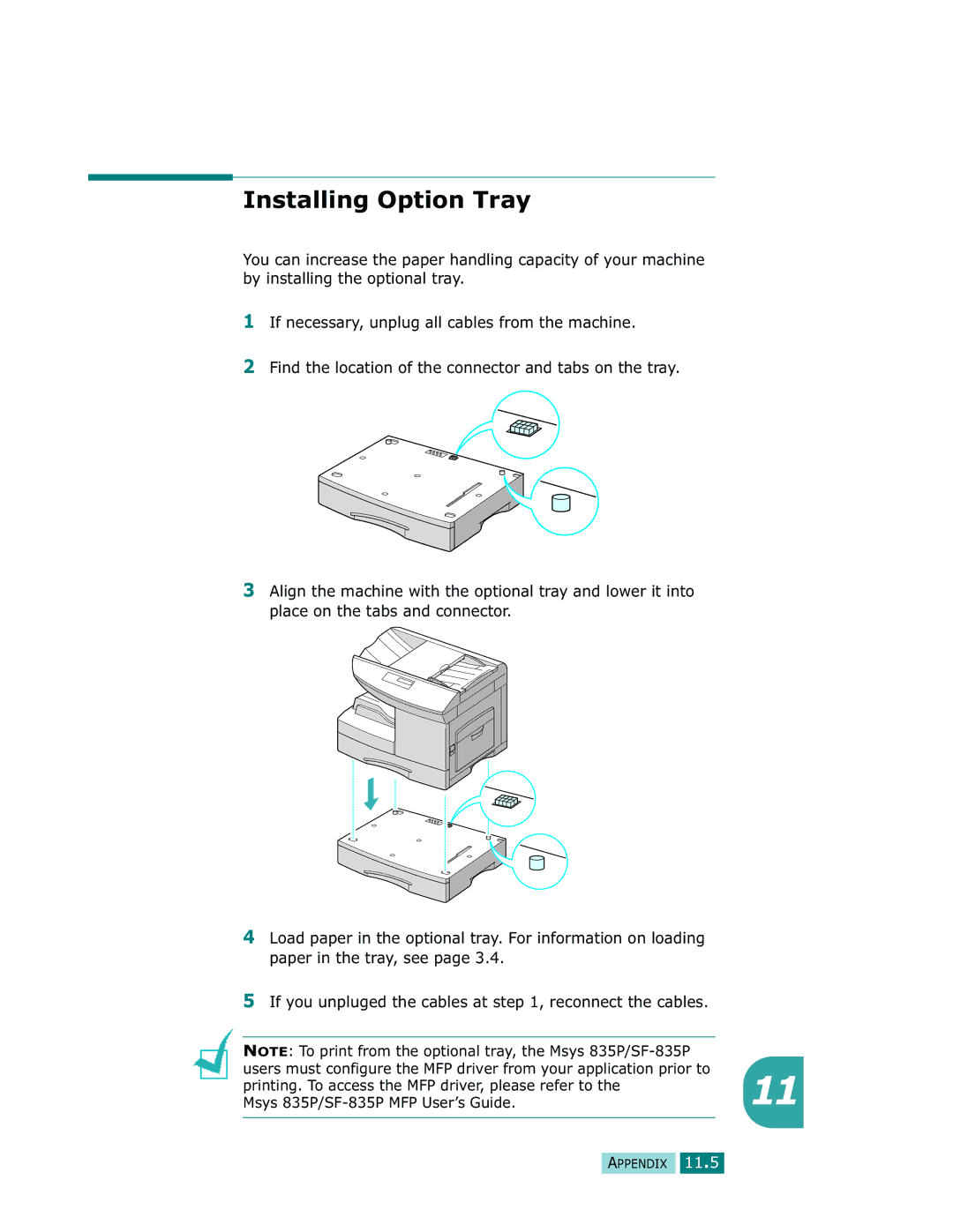 Samsung Msys 835P, Msys 830, Msys SF-830 manual Installing Option Tray 