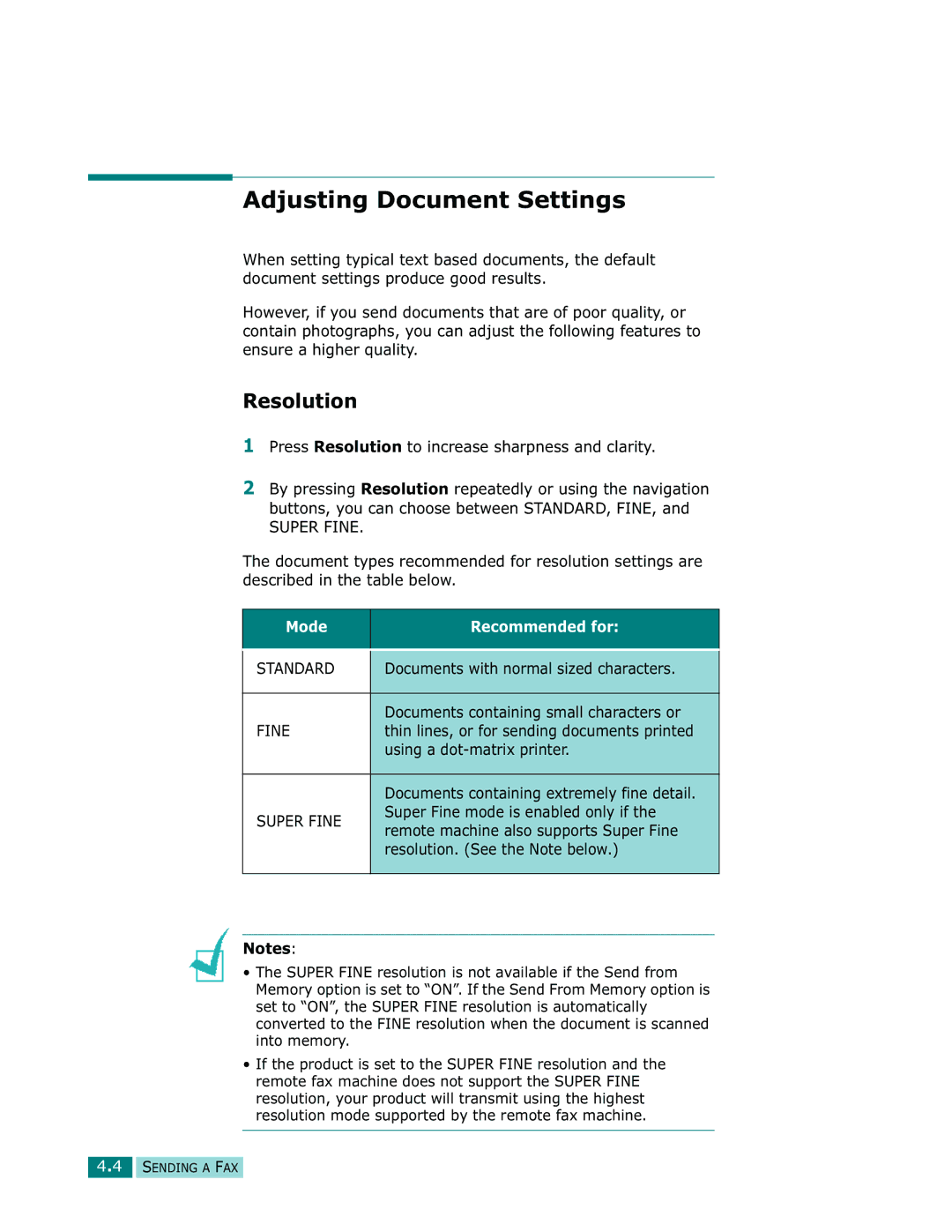 Samsung Msys 835P, Msys 830, Msys SF-830 manual Adjusting Document Settings, Resolution 