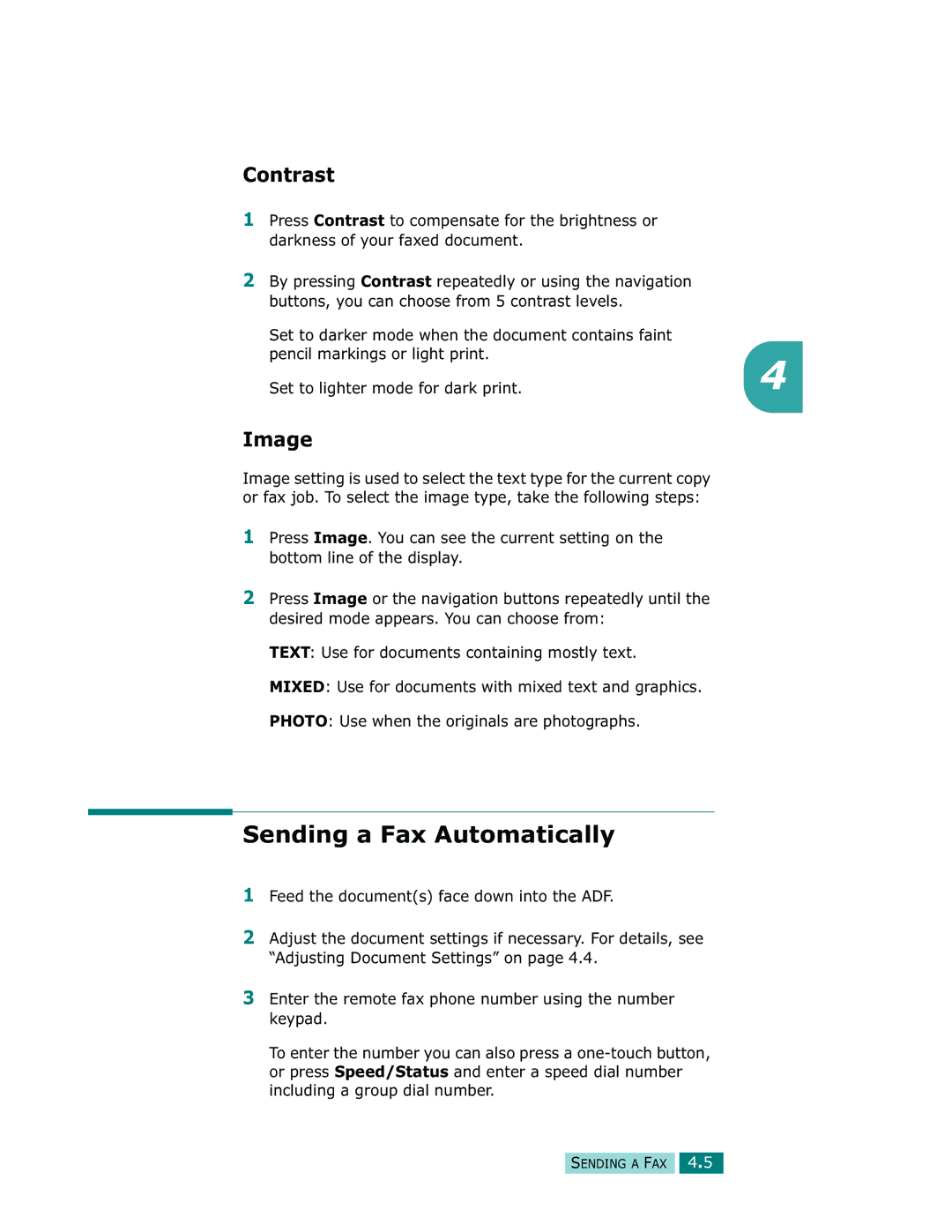 Samsung Msys 830, Msys SF-830, Msys 835P manual Sending a Fax Automatically, Contrast 