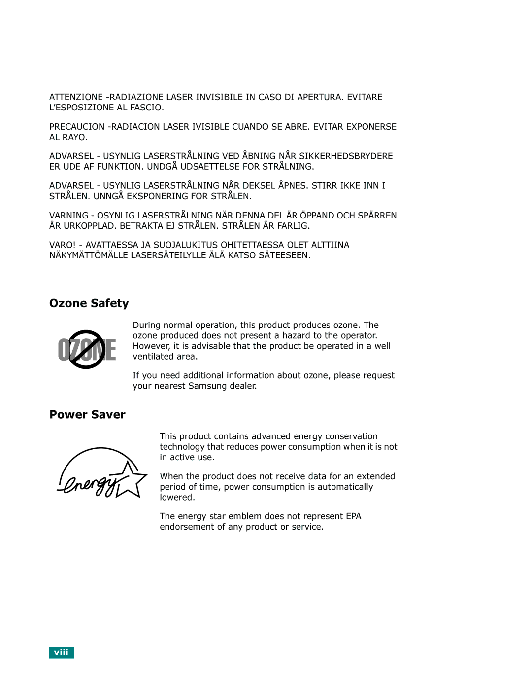 Samsung Msys 830, Msys SF-830, Msys 835P manual Ozone Safety, Power Saver 