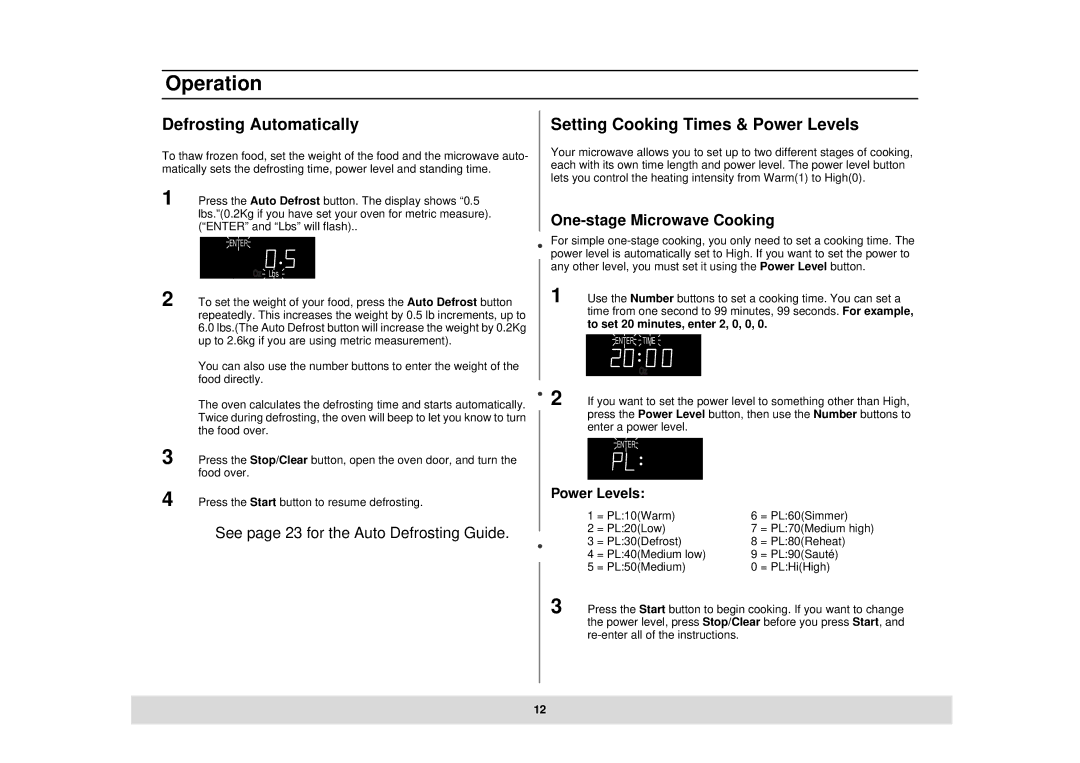 Samsung MT1044CB, MT1044BB Defrosting Automatically, Setting Cooking Times & Power Levels, One-stage Microwave Cooking 