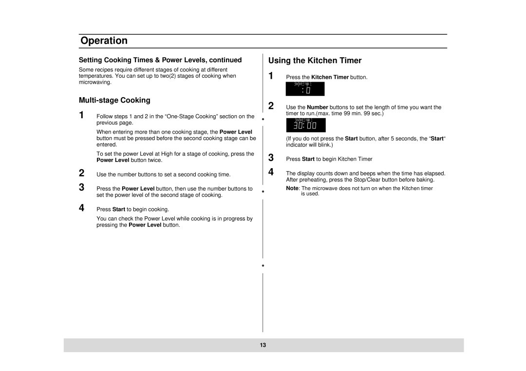 Samsung MT1044BB, MT1044CB, DE68-02434A owner manual Using the Kitchen Timer, Multi-stage Cooking 