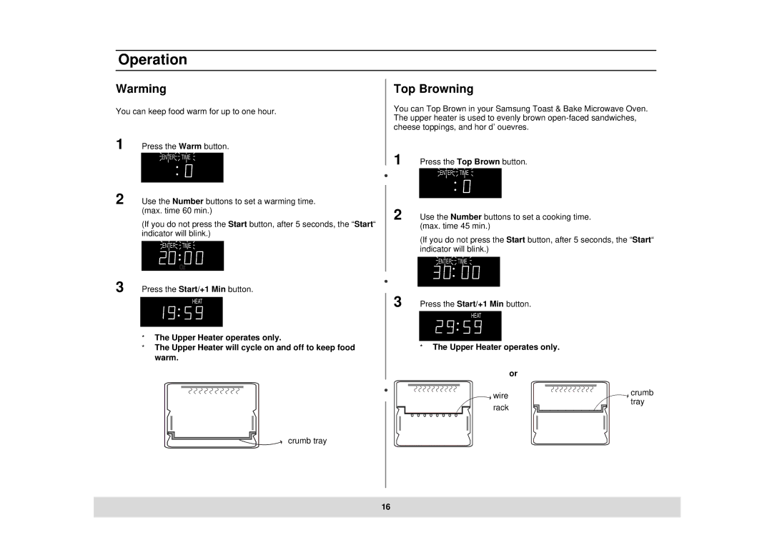 Samsung MT1044BB, MT1044CB, DE68-02434A owner manual Warming, Top Browning, Upper Heater operates only 