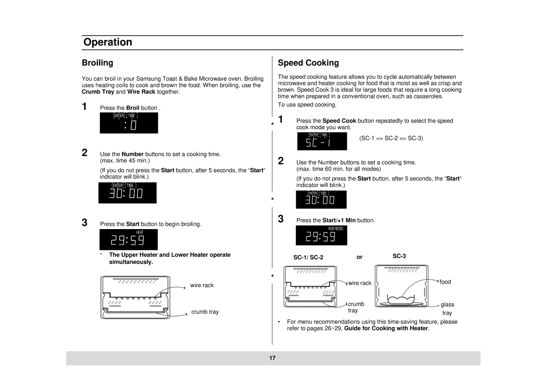 Samsung DE68-02434A, MT1044CB, MT1044BB owner manual Broiling, Speed Cooking, SC-1/ SC-2 SC-3 Wire rack Food Crumb, Tray 