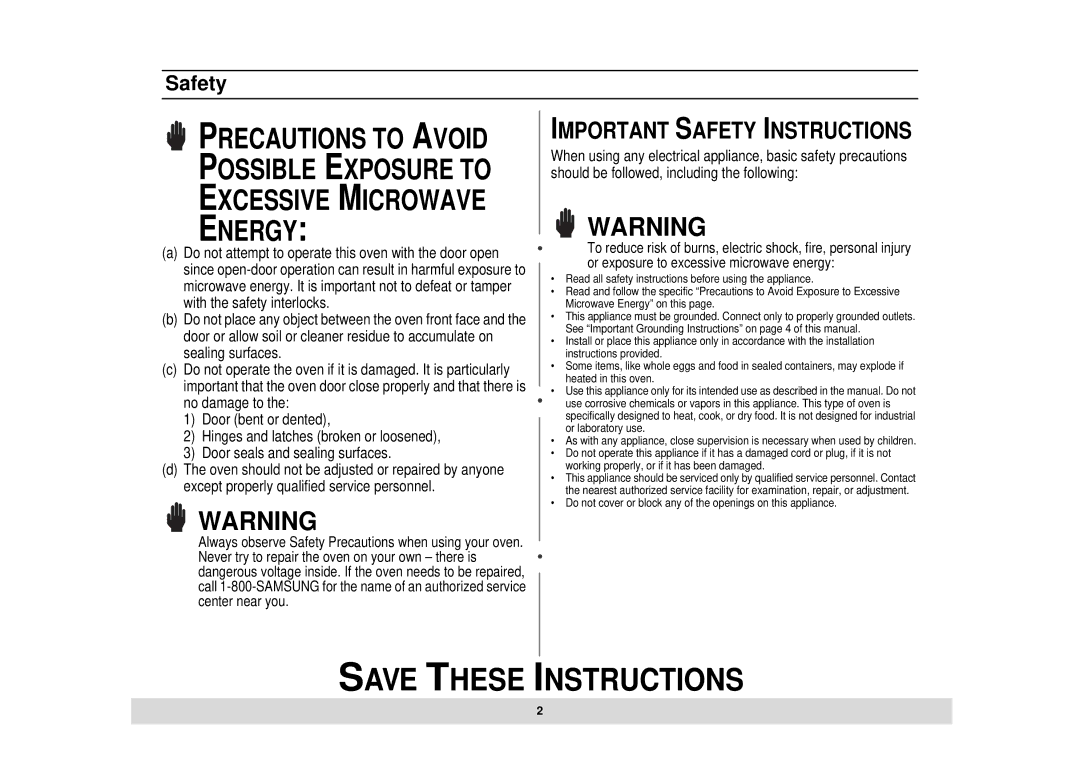 Samsung DE68-02434A, MT1044CB, MT1044BB owner manual Important Safety Instructions 