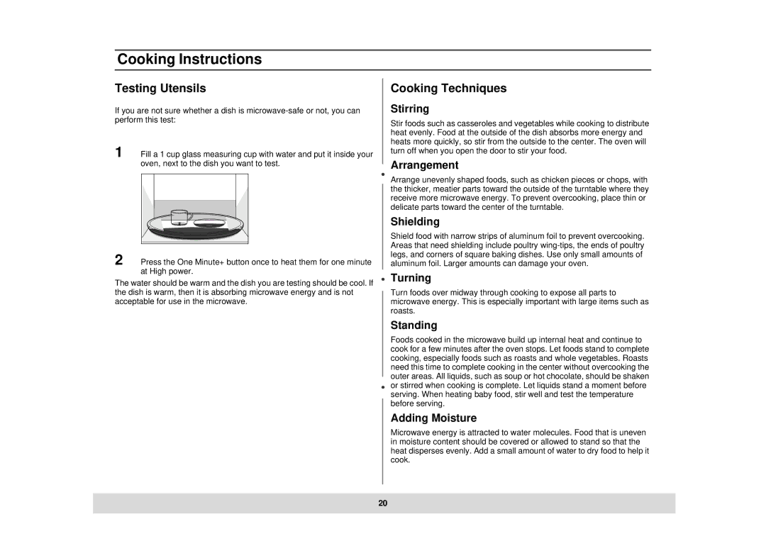 Samsung DE68-02434A, MT1044CB, MT1044BB owner manual Testing Utensils, Cooking Techniques 