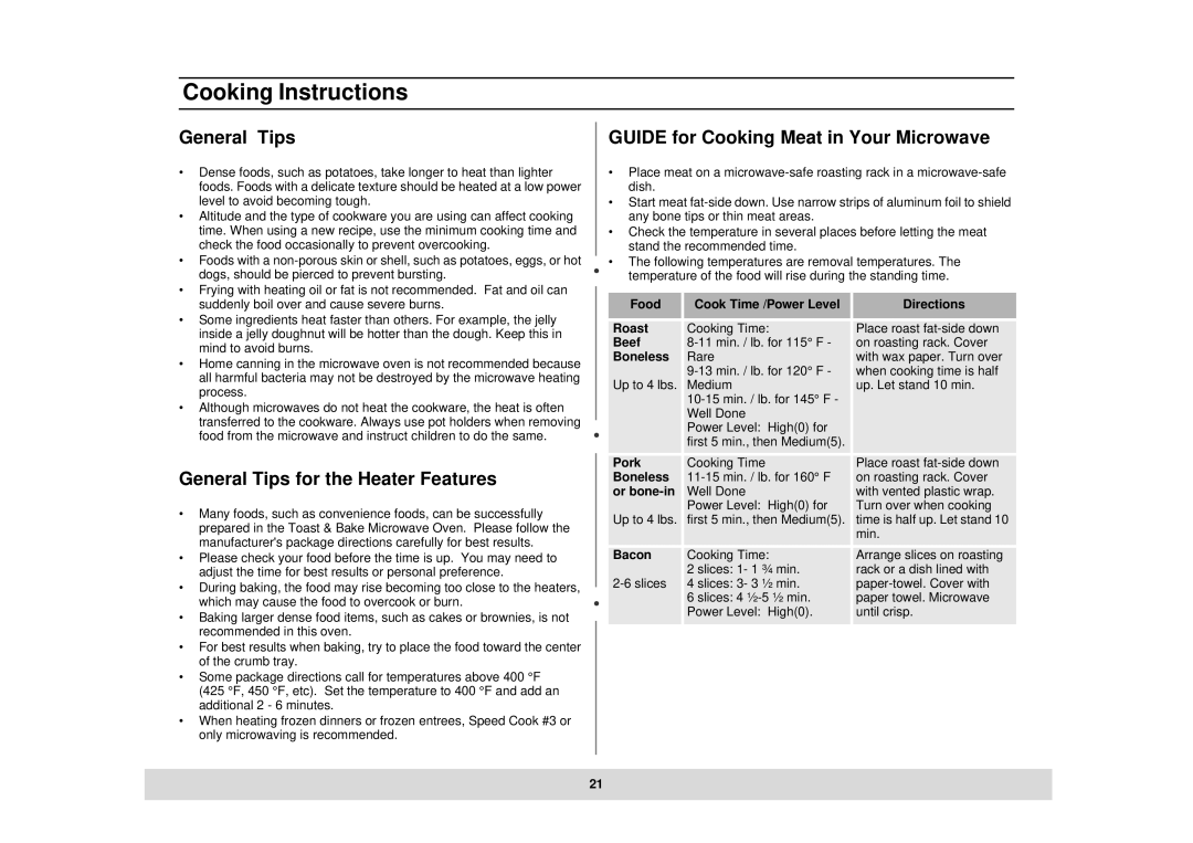 Samsung MT1044CB, MT1044BB, DE68-02434A General Tips for the Heater Features, Guide for Cooking Meat in Your Microwave 