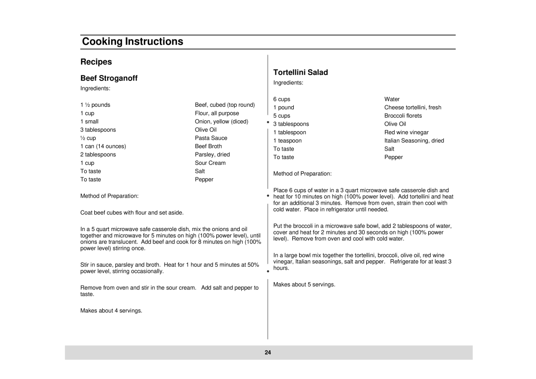 Samsung MT1044CB, MT1044BB, DE68-02434A owner manual Recipes, Beef Stroganoff, Tortellini Salad 