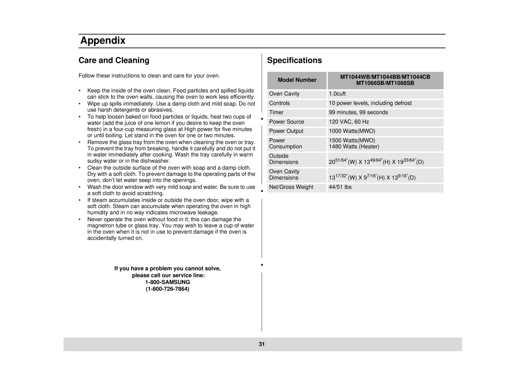 Samsung DE68-02434A Care and Cleaning, Specifications, Model Number MT1044WB/MT1044BB/MT1044CB MT1066SB/MT1088SB 