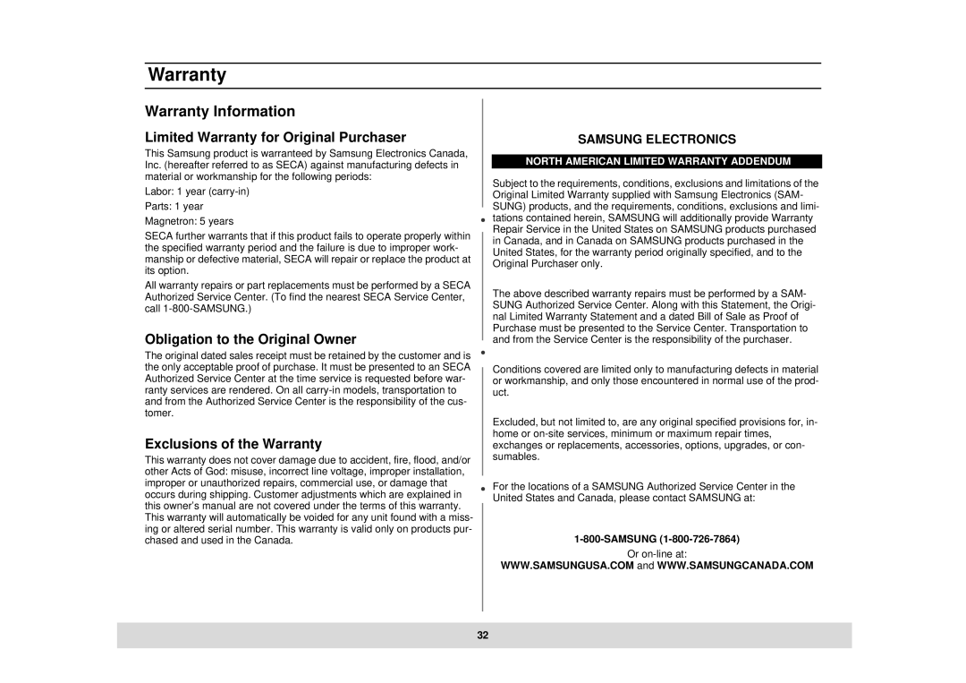 Samsung DE68-02434A Warranty Information, Limited Warranty for Original Purchaser, Obligation to the Original Owner 