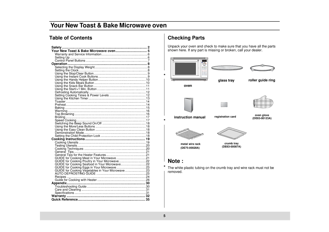 Samsung DE68-02434A, MT1044CB, MT1044BB owner manual Your New Toast & Bake Microwave oven, Table of Contents, Checking Parts 