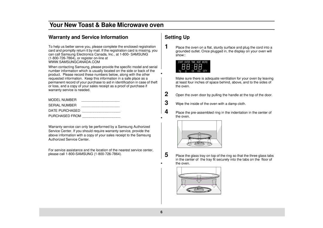 Samsung MT1044CB, MT1044BB, DE68-02434A owner manual Warranty and Service Information, Setting Up 