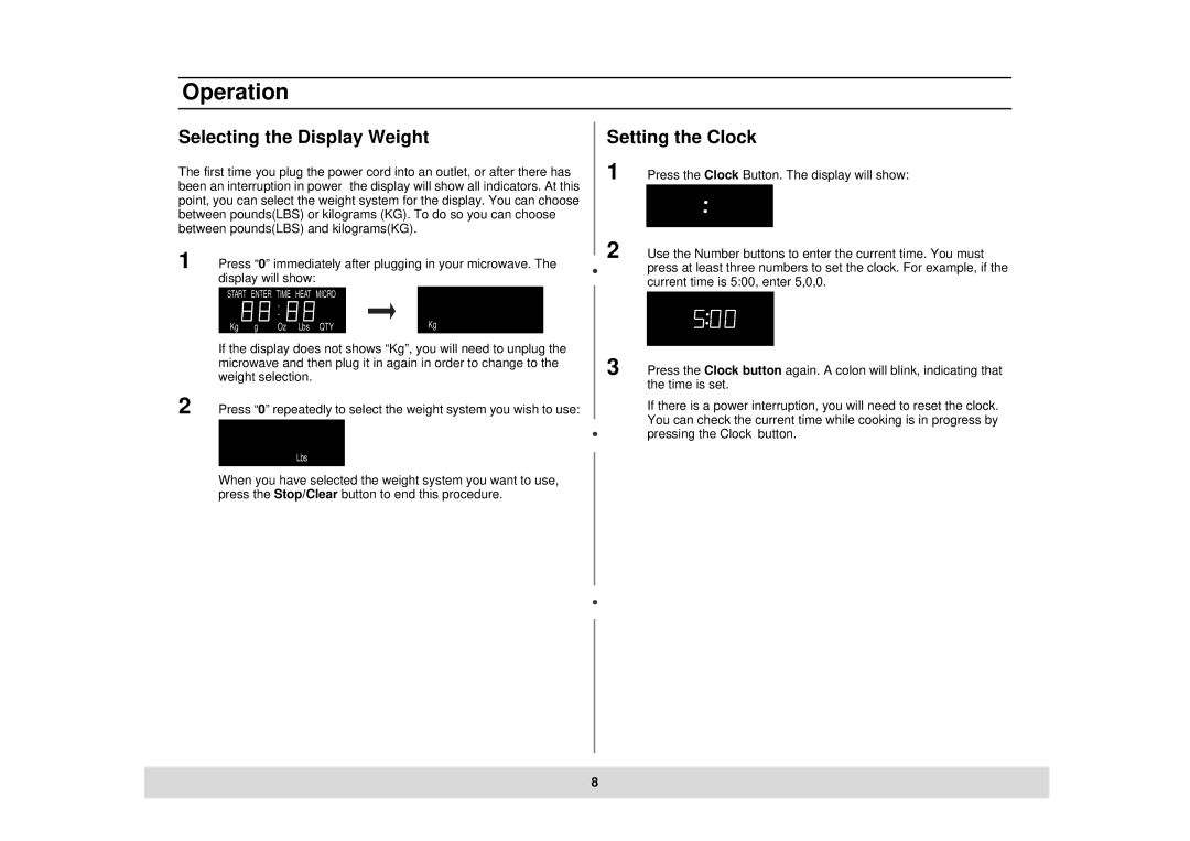 Samsung DE68-02434A, MT1044CB, MT1044BB owner manual Operation, Selecting the Display Weight, Setting the Clock 