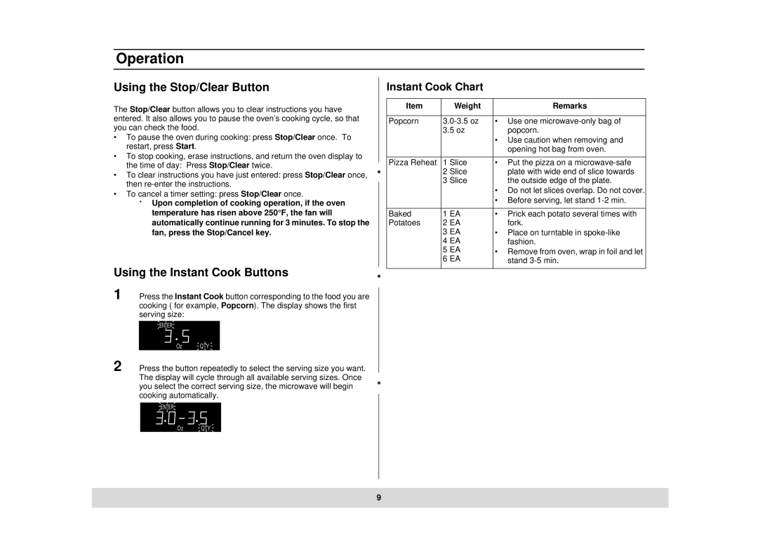 Samsung MT1044CB, MT1044BB Using the Stop/Clear Button, Using the Instant Cook Buttons, Instant Cook Chart, Weight Remarks 