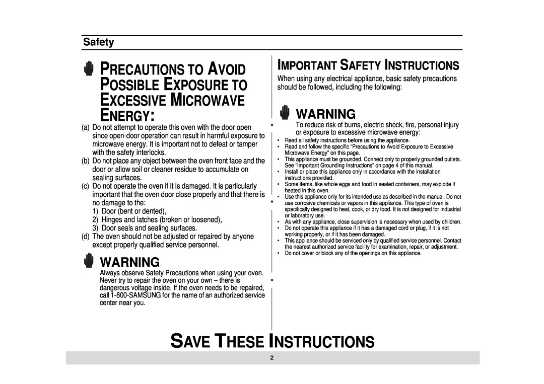 Samsung DE68-02434A Save These Instructions, Precautions To Avoid Possible Exposure To Excessive Microwave Energy, Safety 