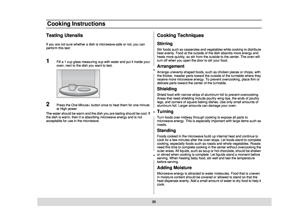 Samsung DE68-02434A, MT1044CB Testing Utensils, Cooking Techniques, Stirring, Arrangement, Shielding, Turning, Standing 