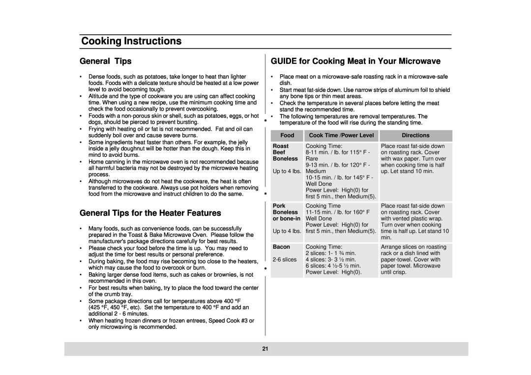 Samsung MT1044CB General Tips for the Heater Features, GUIDE for Cooking Meat in Your Microwave, Cooking Instructions 