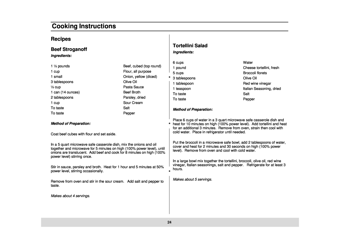 Samsung MT1044CB Recipes, Beef Stroganoff, Tortellini Salad, Cooking Instructions, Ingredients, Method of Preparation 