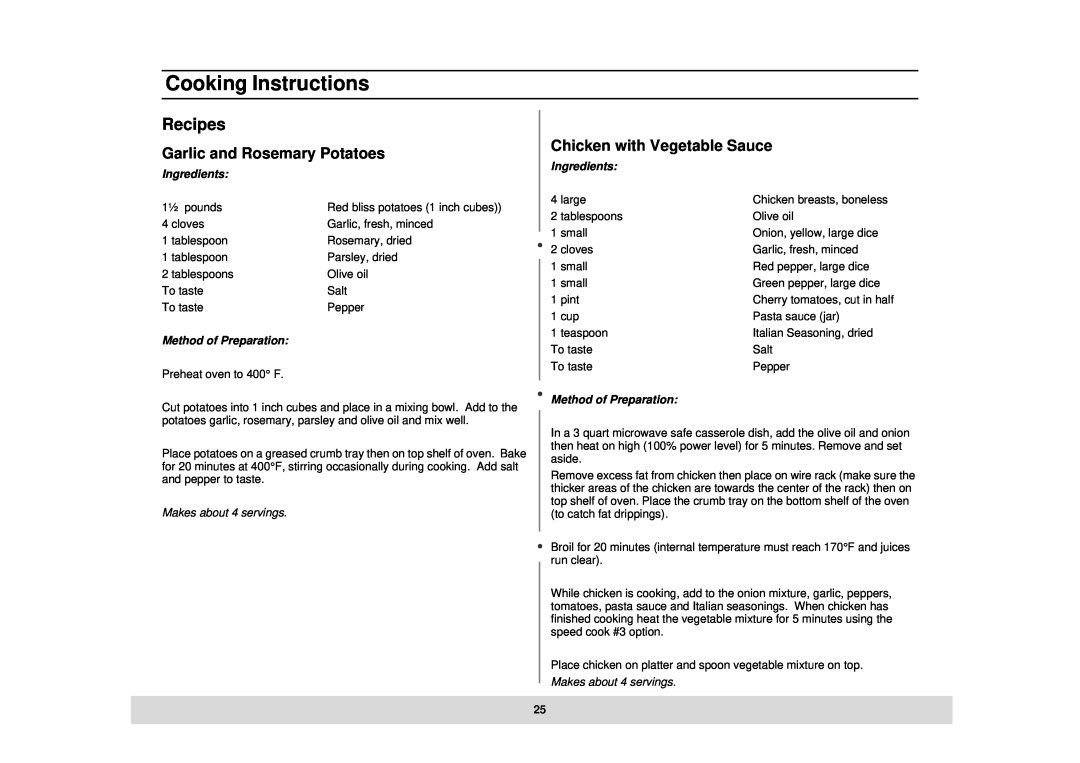 Samsung MT1044BB Garlic and Rosemary Potatoes, Chicken with Vegetable Sauce, Cooking Instructions, Recipes, Ingredients 