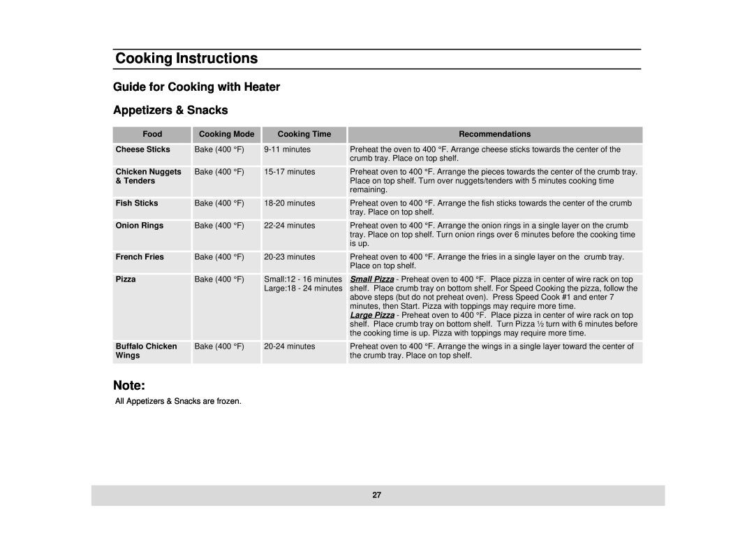 Samsung MT1044CB, MT1044BB, DE68-02434A owner manual Guide for Cooking with Heater Appetizers & Snacks, Cooking Instructions 