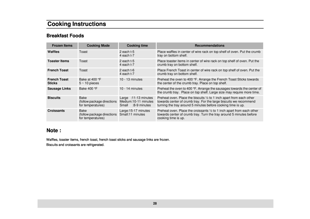 Samsung MT1044BB, MT1044CB, DE68-02434A owner manual Breakfast Foods, Cooking Instructions 
