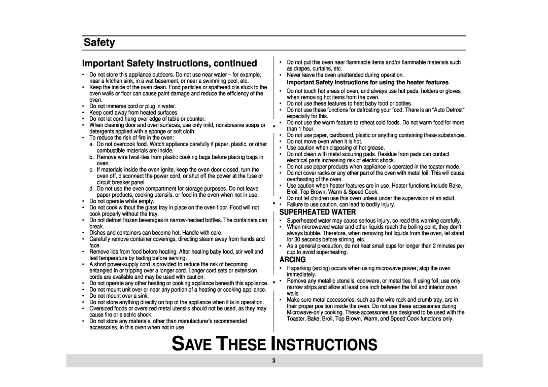 Samsung MT1044CB, MT1044BB Important Safety Instructions, continued, Save These Instructions, Superheated Water, Arcing 