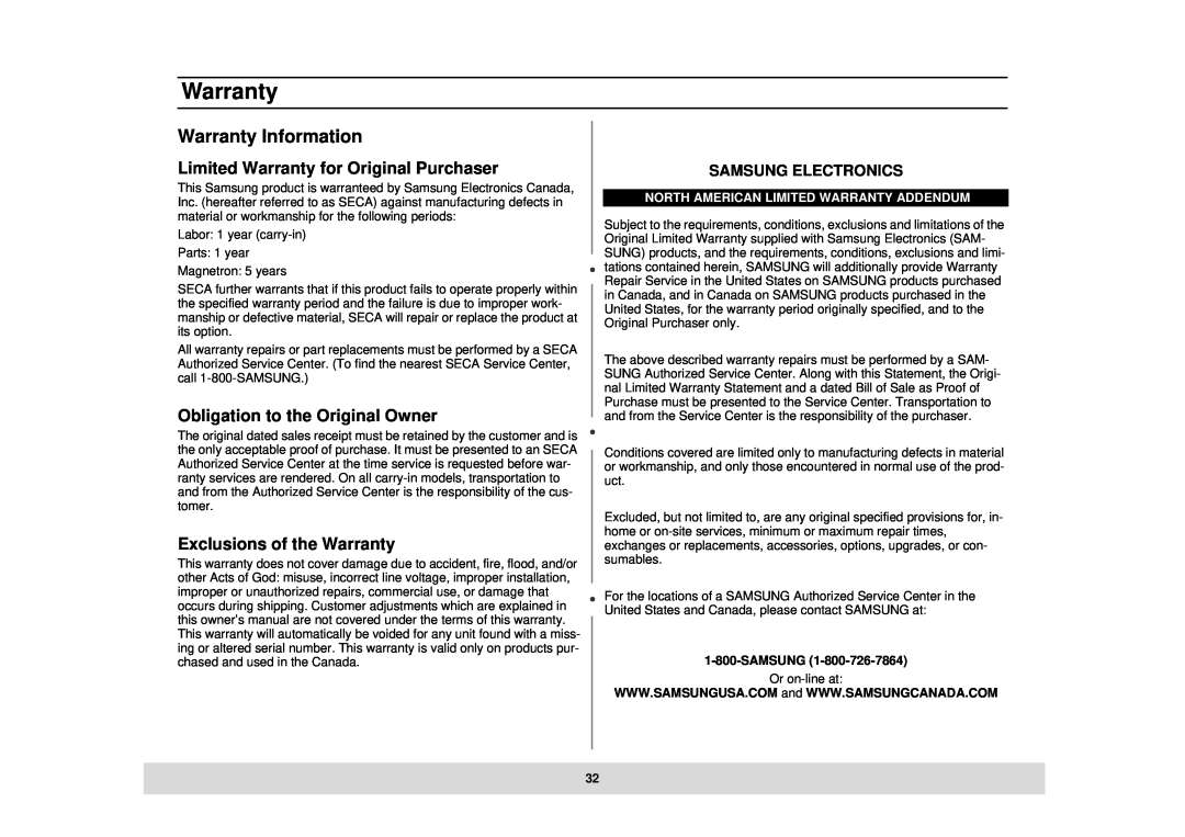 Samsung DE68-02434A Warranty Information, Limited Warranty for Original Purchaser, Obligation to the Original Owner 