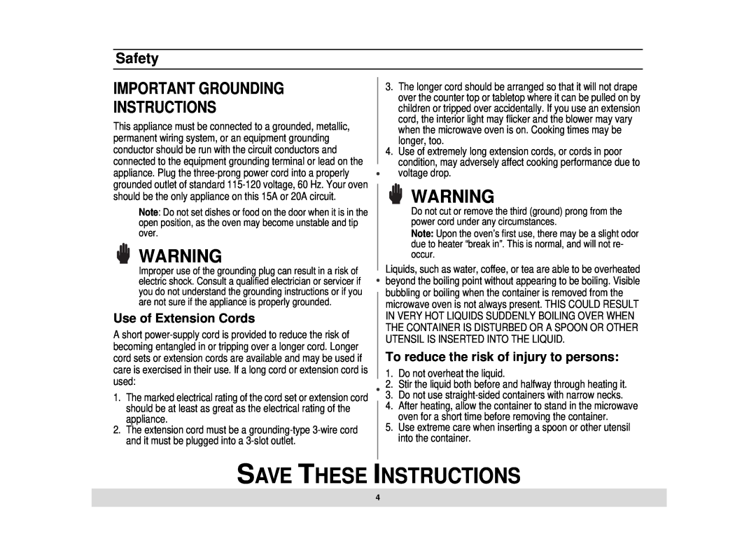 Samsung MT1044BB Important Grounding Instructions, Use of Extension Cords, To reduce the risk of injury to persons, Safety 
