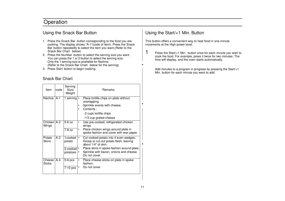 Samsung MT1088SB, MT1044WB, MT1066SB owner manual Using the Snack Bar Button, Using the Start/+1 Min. Button, Snack Bar Chart 