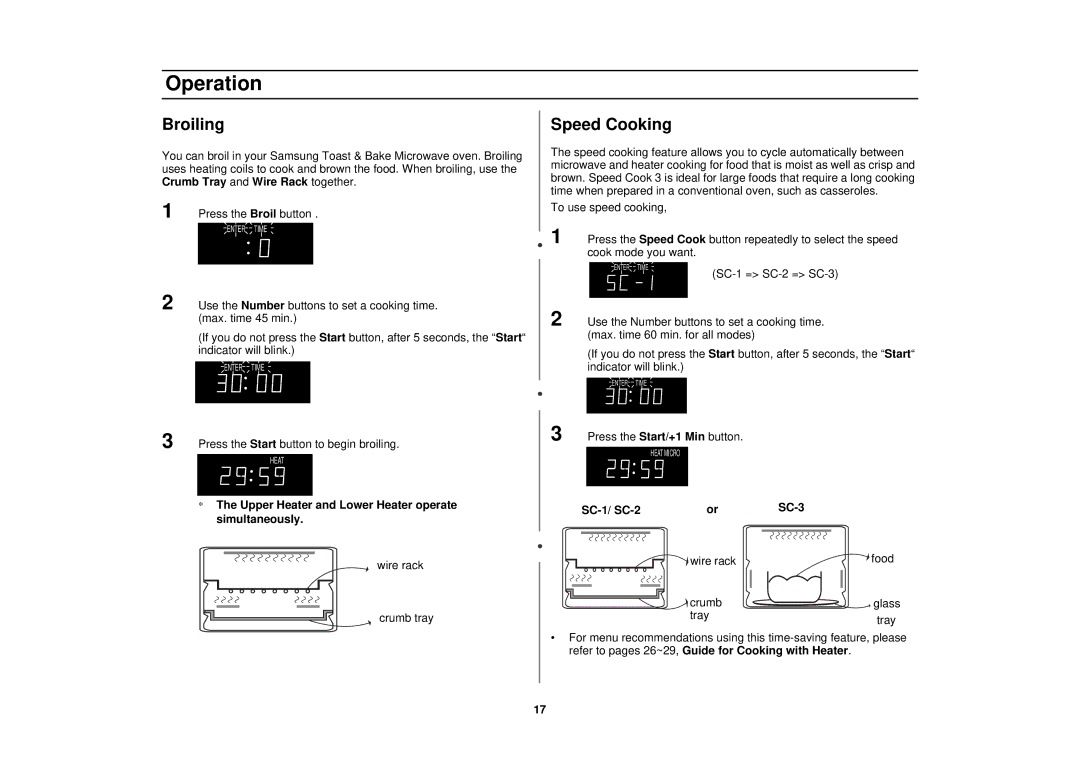 Samsung MT1088SB, MT1044WB, MT1066SB owner manual Broiling, Speed Cooking, SC-1/ SC-2 SC-3 Wire rack Food Crumb, Tray 