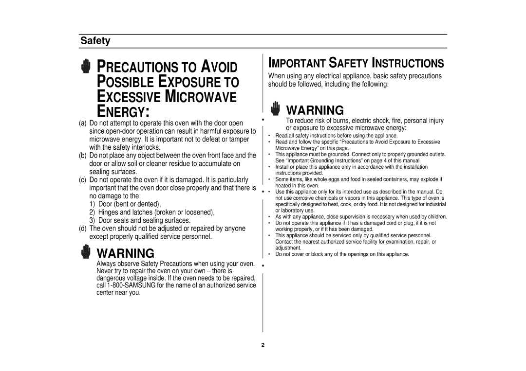 Samsung MT1088SB, MT1044WB, MT1066SB owner manual Important Safety Instructions 