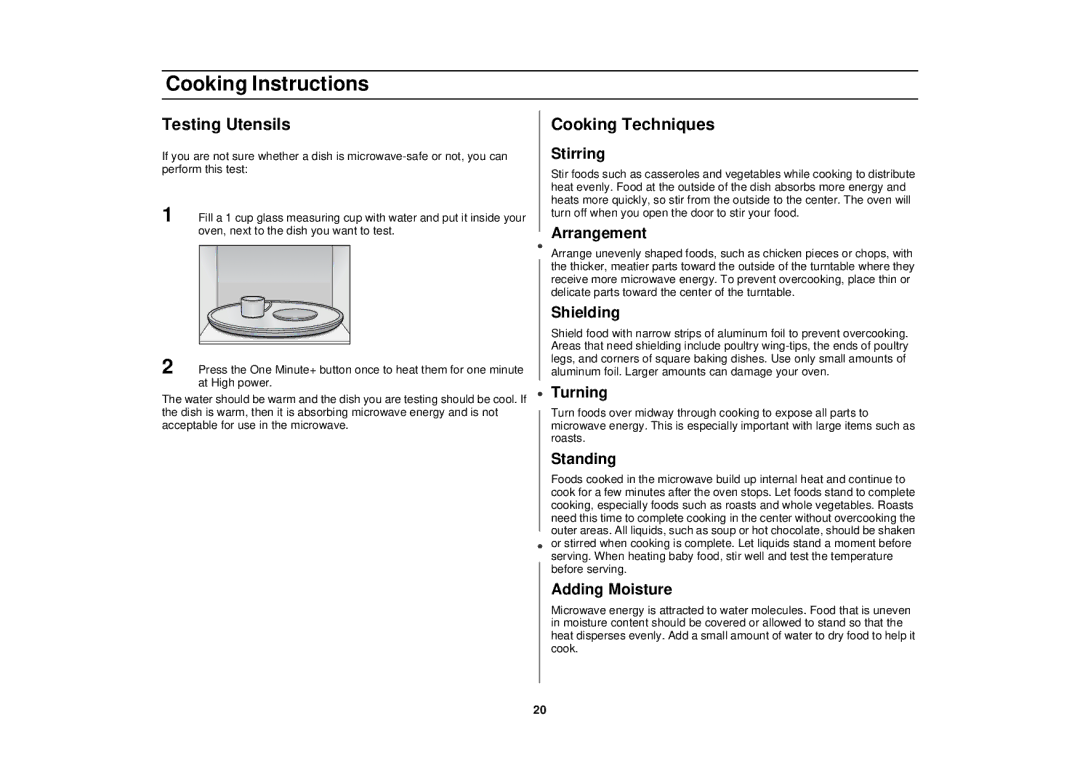 Samsung MT1088SB, MT1044WB, MT1066SB owner manual Testing Utensils, Cooking Techniques 