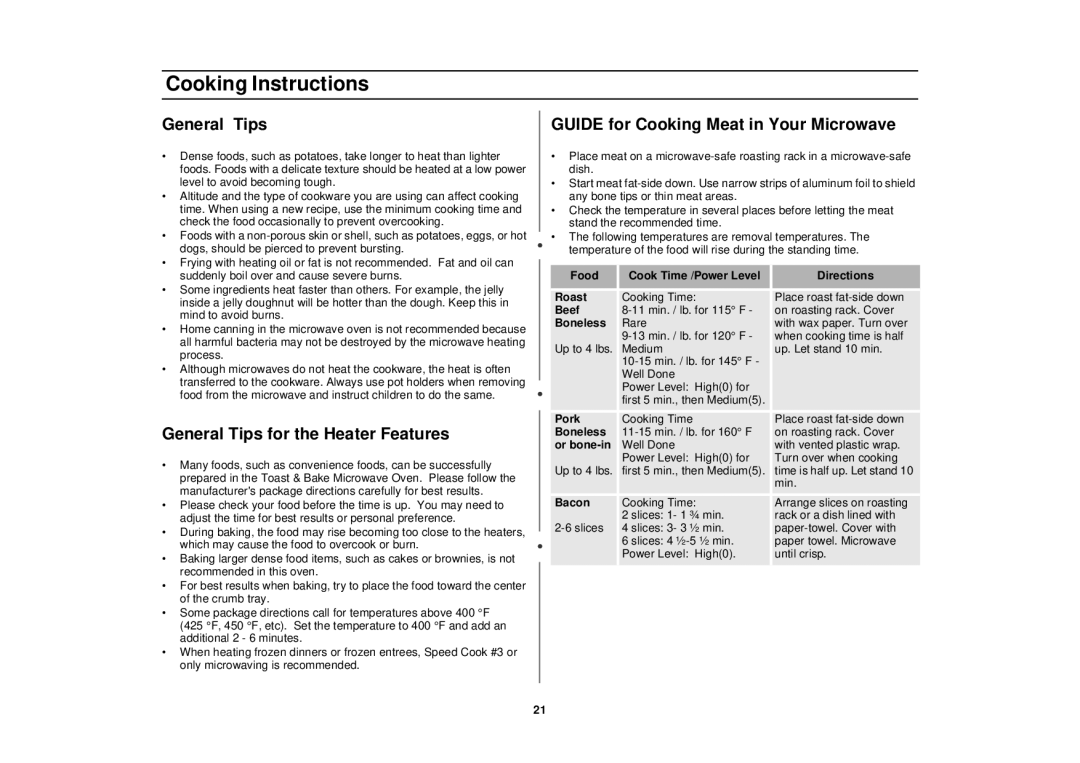 Samsung MT1044WB, MT1066SB, MT1088SB General Tips for the Heater Features, Guide for Cooking Meat in Your Microwave 