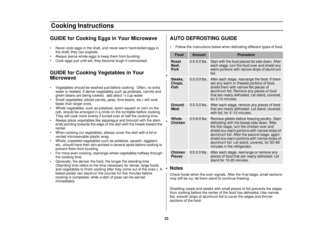 Samsung MT1088SB, MT1044WB Guide for Cooking Eggs in Your Microwave, Guide for Cooking Vegetables in Your Microwave 