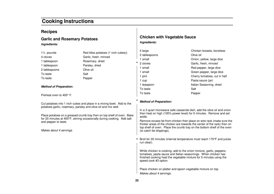 Samsung MT1066SB, MT1044WB, MT1088SB owner manual Garlic and Rosemary Potatoes, Chicken with Vegetable Sauce 