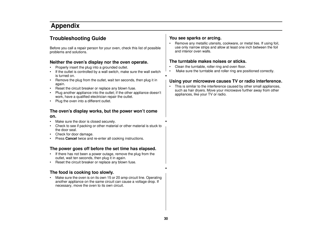 Samsung MT1044WB, MT1066SB, MT1088SB owner manual Appendix, Troubleshooting Guide 