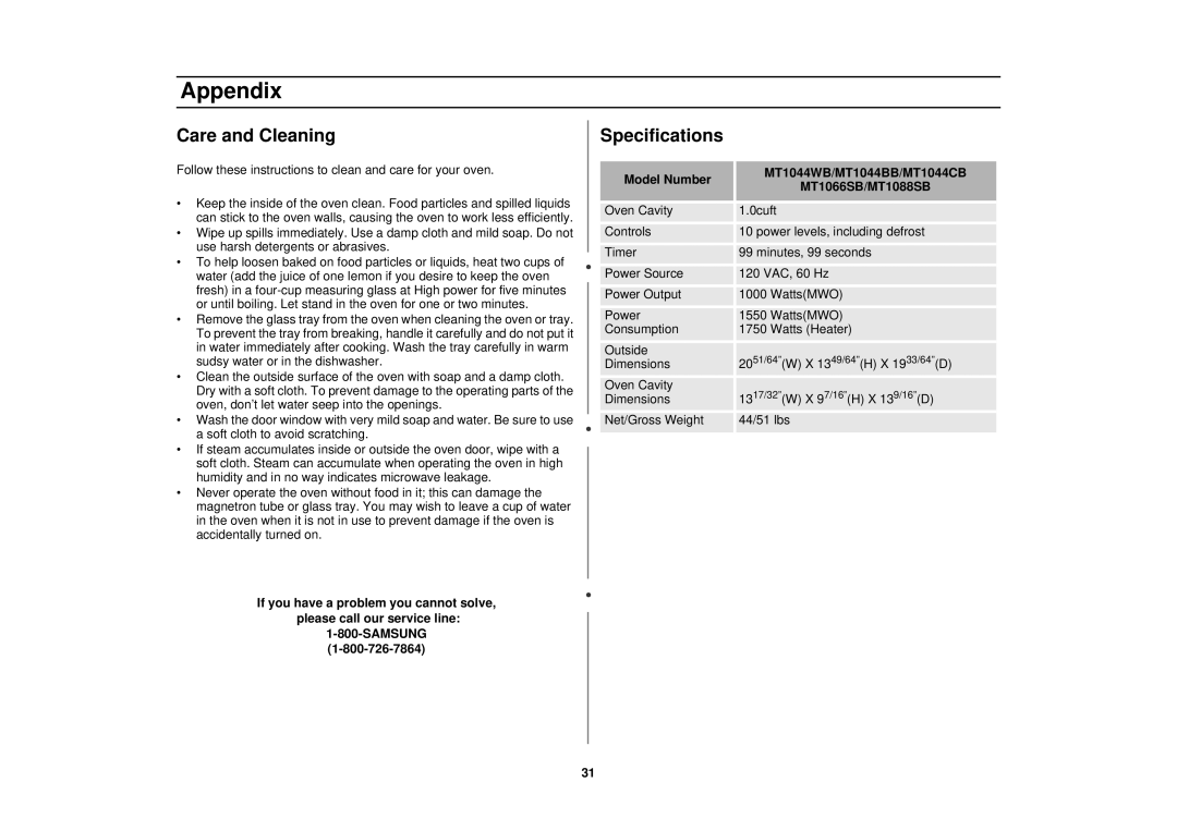 Samsung owner manual Care and Cleaning, Specifications, Model Number MT1044WB/MT1044BB/MT1044CB MT1066SB/MT1088SB 