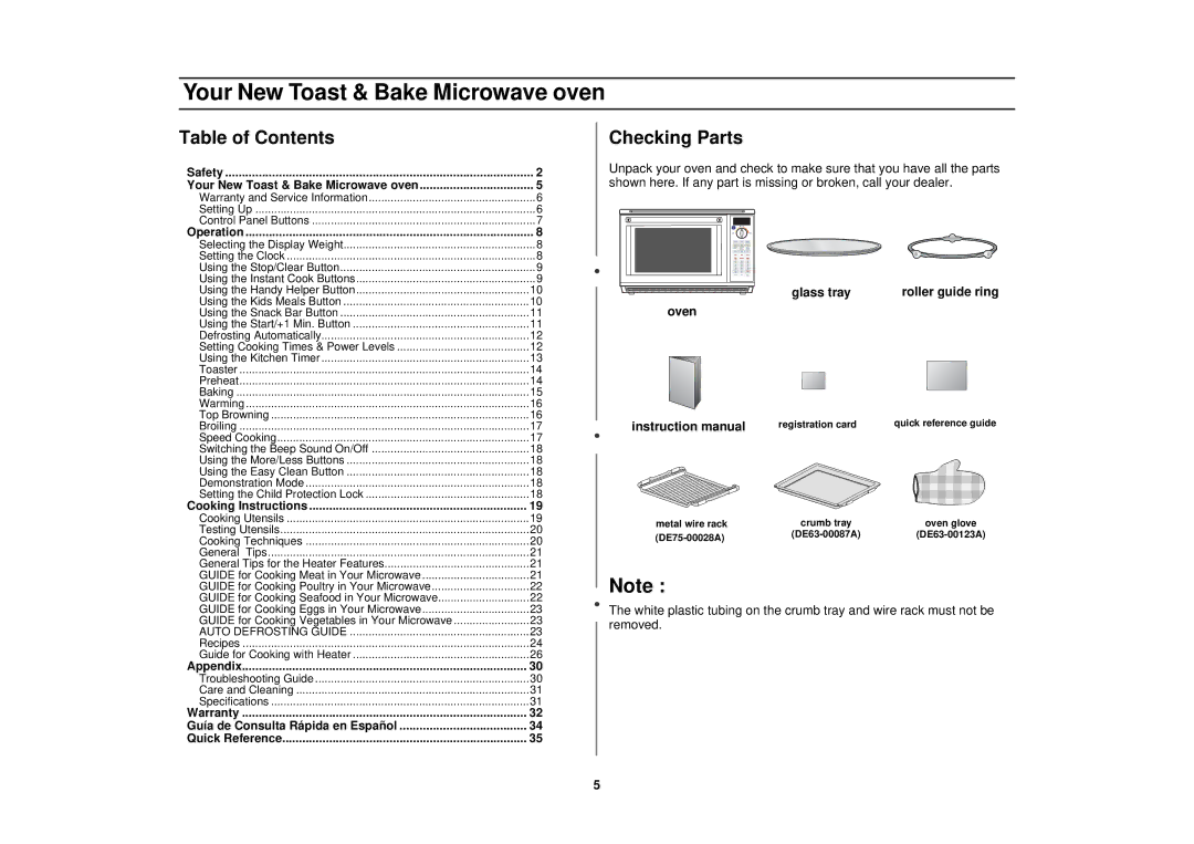 Samsung MT1088SB, MT1044WB, MT1066SB owner manual Your New Toast & Bake Microwave oven, Table of Contents, Checking Parts 