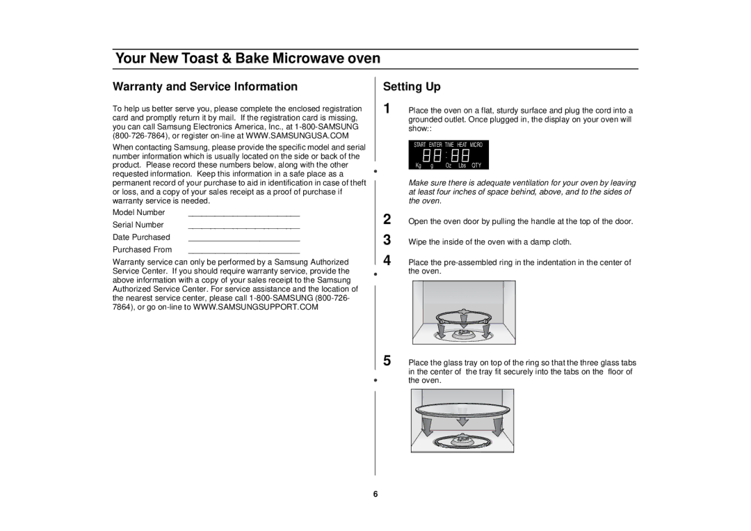 Samsung MT1044WB, MT1066SB, MT1088SB owner manual Warranty and Service Information, Setting Up 