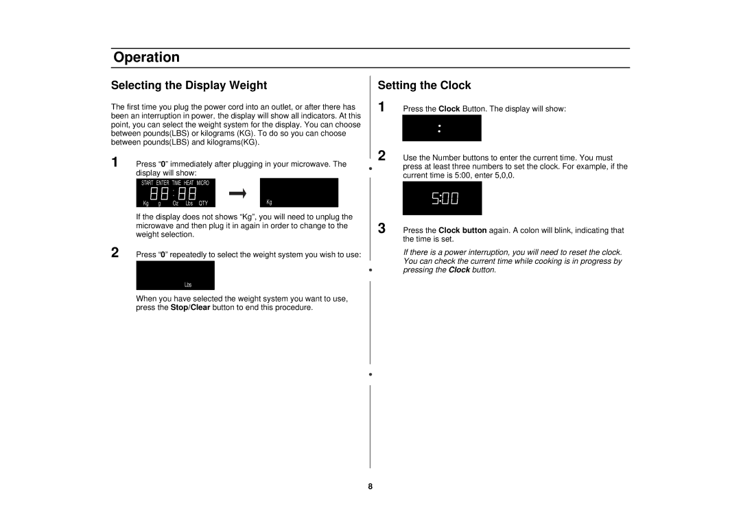 Samsung MT1088SB, MT1044WB, MT1066SB owner manual Operation, Selecting the Display Weight, Setting the Clock 